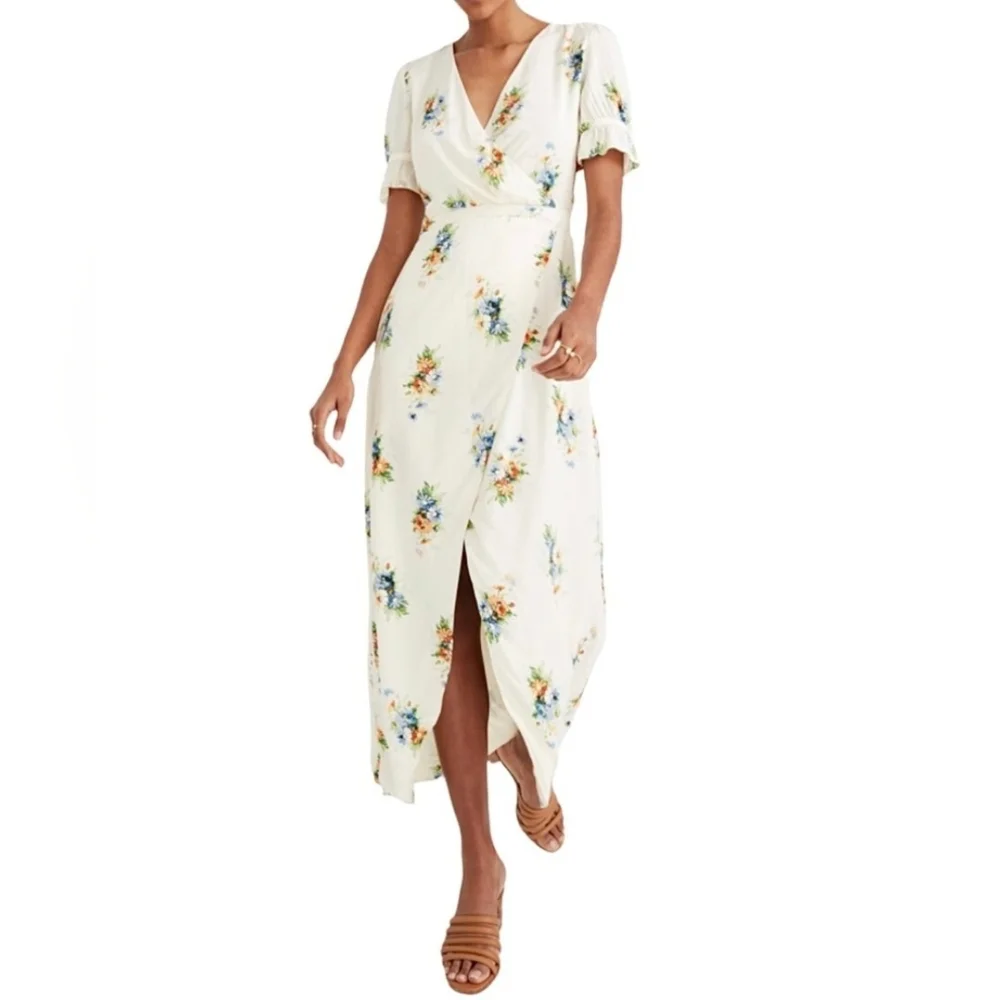 Madewell Magdalena Floral Wrap Cream Flutter Sleeve Midi Dress Size 4 Boho